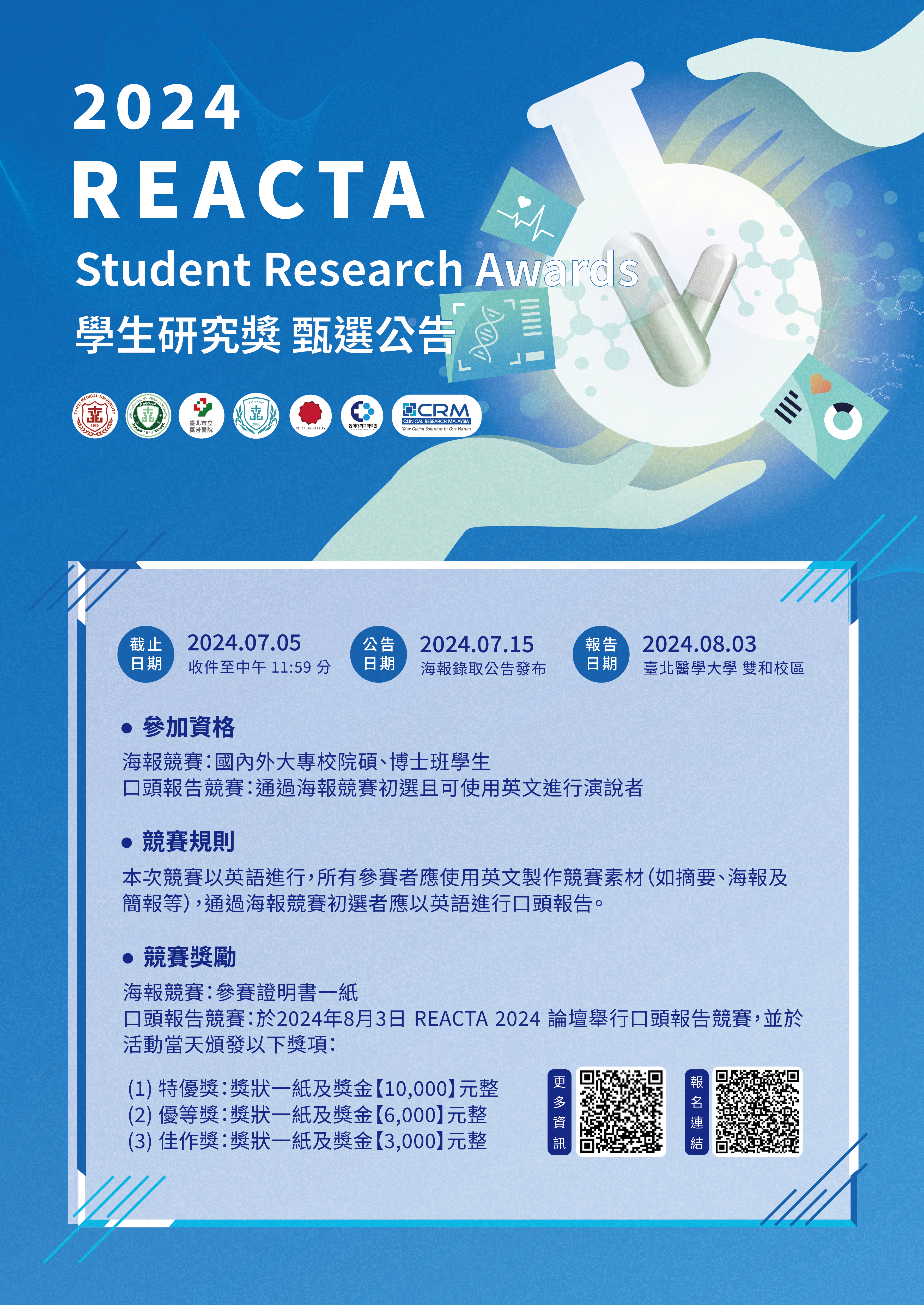 臺北醫學大學  函 　 機關地址：	110臺北市信義區吳興街250號(信義校區)、235新北市中和區圓通路301號(雙和校區) 傳　　真：	(02)27367840 承 辦 人：	楊宭 聯絡電話：	(02)27361661 電子郵件：	sheep456789@tmu.edu.tw 受 文 者：	德育學校財團法人德育護理健康學院 發文日期：	中華民國113年06月06日 發文字號：	北醫校人研字第1130009964號 速　　別：	普通件 密等及解密條件或保密期限：	 附　　件：	(1件) REACTA優秀論文摘要投稿徵選公告(共 1 個附件：1131202077_1_徵選海報.png) 113010005058_1131202077_1_徵選海報.png （附件1學生研究獎徵選海報）    	主	旨：	「亞洲臨床試驗區域聯盟(REACTA)」論壇將於2024年08月02日至03日假臺北醫學大學雙和校區舉行，敬請轉知所屬機構同仁踴躍報名參加。  	 說	明：	  一、	臺北醫學大學將於2024年08月02日至08月03日於北醫大雙和校區辦理「亞洲臨床試驗區域聯盟(REACTA)」論壇，旨在培育臨床試驗執行和管理方面的專業知識。 二、	作為倡議的一部分，本次論壇推出優秀論文摘要投稿活動，並針對研究生提供優秀研究獎項。研究生可以參加兩階段的比賽，除了海報展示優秀的臨床前研究成果，海報錄取者可以進行英文口頭報告，優勝者將獲得證書和獎金。 三、	參賽資格：國內外大專院校之碩、博士班學生，通過海報競賽初選後需使用英語進行口頭報告，詳情請見網站 https://www.reacta2024.tw/3。 四、	誠摯邀請全國碩博生一起共襄盛舉，並請各校同仁協助轉寄電子海報周知。